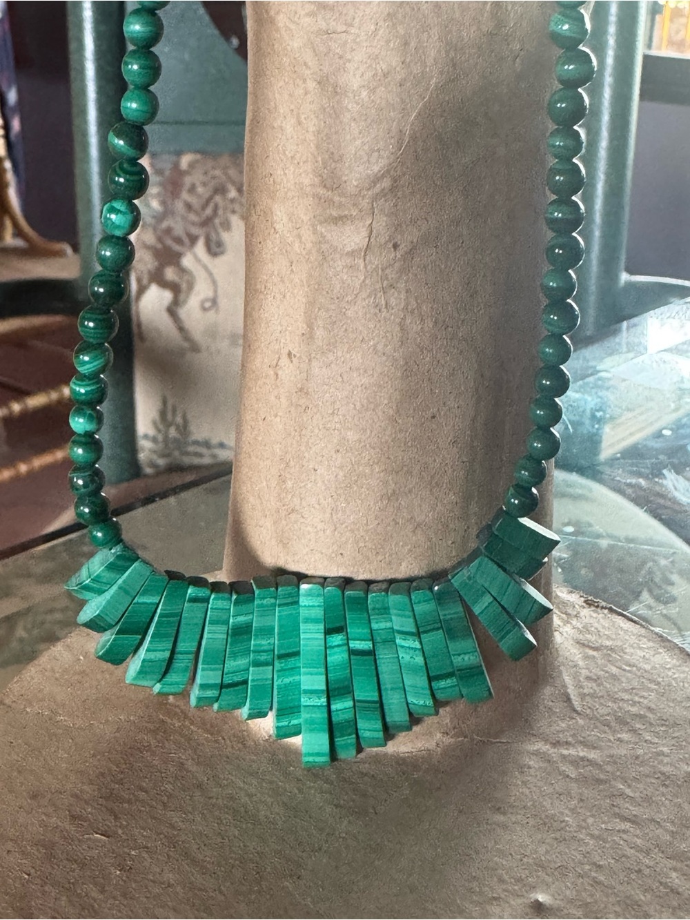 Vintage Malachite Fan-Tab Bib Necklace Beautiful Stones Estate 1970s